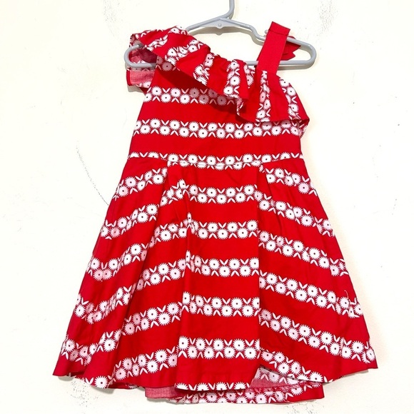 Janie and Jack Red and White Floral Striped Cold Shoulder Dress SIZE 3 - Picture 2 of 5